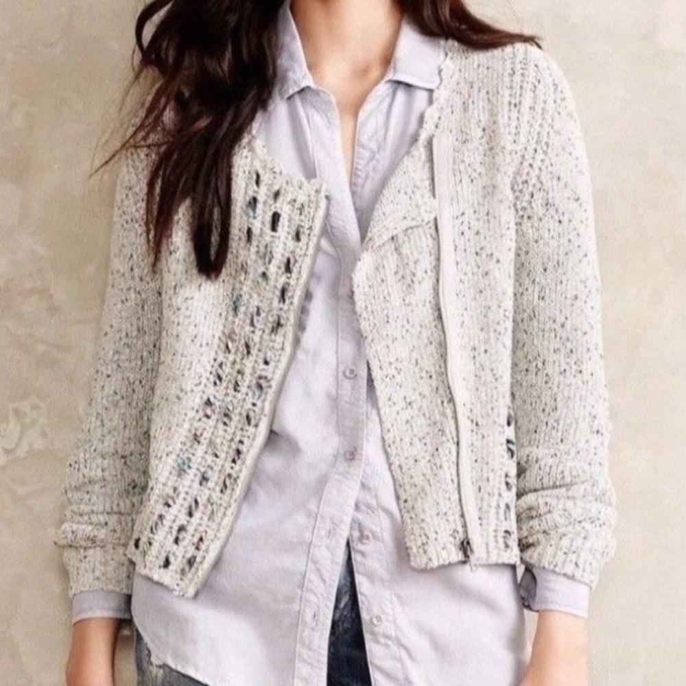 Anthropologie Knitted & Knotted Moto Zip Ribbon Cardigan Sweater Small